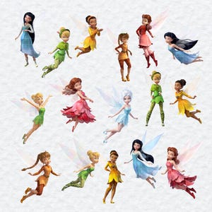 Puede incluir: Una colección de quince personajes de hadas animados con alas translúcidas, representados en varias poses y atuendos vibrantes que incluyen vestidos verdes, amarillos, rojos, azules y naranjas, sobre un fondo blanco liso.
