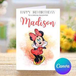 Alles Gute zum Geburtstag für eine besondere Tochter, Minnie Maus Personalisierte Geburtstagskarte für den dritten Geburtstag, alles Gute zum Geburtstag, süße Karte