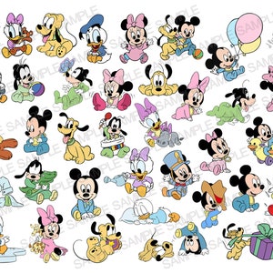 Puede incluir: Una colección de 30 personajes de dibujos animados de bebés, que incluyen Mickey Mouse, Minnie Mouse, Donald Duck, Goofy y Pluto. Los personajes están todos vestidos con ropa de bebé y sostienen varios artículos para bebés, como osos de peluche, chupetes y sonajeros.