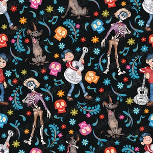 May include: A black background with a repeating pattern of colorful flowers, musical notes, and characters from the movie Coco. The characters include Miguel, Hector, Dante the dog, and a sugar skull.