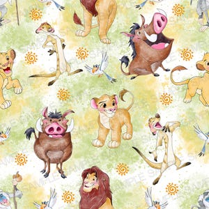 May include: A repeating pattern featuring characters from The Lion King. The design includes Simba, Timon, Pumbaa, Zazu, and other characters, set against a green and yellow watercolor-style background with sunburst accents.