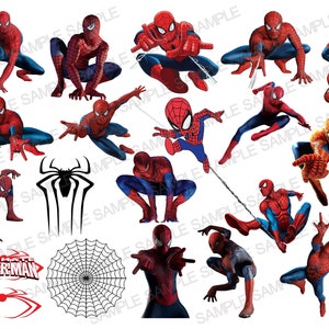 K&ouml;nnte beinhalten: Eine Sammlung von 14 roten und blauen Spiderman-Bildern. Die Bilder zeigen Spiderman in verschiedenen Posen, darunter beim Schwingen an einem Netz, Stehen und Hocken. Die Bilder haben einen wei&szlig;en Hintergrund. Der Text "Ultimate Spiderman" ist ebenfalls im Bild enthalten.