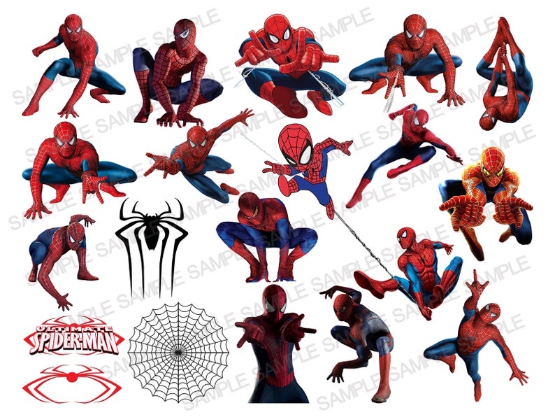 K&ouml;nnte beinhalten: Eine Sammlung von 14 roten und blauen Spiderman-Bildern. Die Bilder zeigen Spiderman in verschiedenen Posen, darunter beim Schwingen an einem Netz, Stehen und Hocken. Die Bilder haben einen wei&szlig;en Hintergrund. Der Text "Ultimate Spiderman" ist ebenfalls im Bild enthalten.