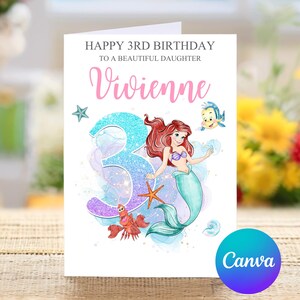Joyeux 3e anniversaire à une belle fille, carte de troisième anniversaire personnalisée petite sirène, joyeux troisième anniversaire, jolie carte