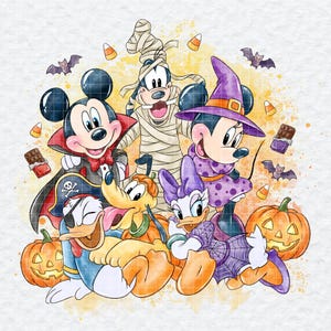 May include: A colourful digital illustration featuring Mickey Mouse as a vampire, Goofy as a mummy, Minnie Mouse as a witch, Donald Duck as a pirate, Pluto with a pumpkin, and Daisy Duck in a spiderweb dress, surrounded by bats, candy corn, and chocolate.