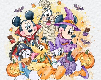 Mickey Halloween Clipart, Watercolor Spooky Friends PNG, Vampire Witch Mummy Costume, Trick Or Treat Sublimation Design