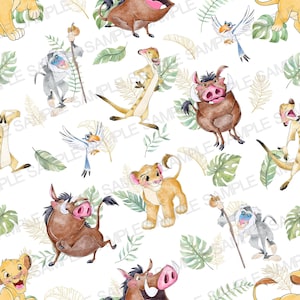 May include: A repeating pattern featuring characters from The Lion King. The design includes Simba, Pumbaa, Timon, Rafiki, Zazu, and other characters, along with green and gold leaf accents, all set against a white background.
