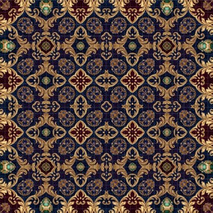 May include: A repeating pattern featuring ornate gold filigree scrolls and flourishes set against a deep navy blue background. The design includes small, jewel-toned oval accents in shades of emerald green and sapphire blue with gold detailing.