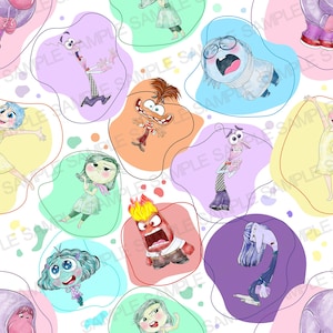 May include: A colorful seamless pattern featuring characters from the animated film Inside Out. The characters are depicted in various poses and expressions, surrounded by colorful abstract shapes. The characters include Joy, Sadness, Anger, Fear, and Disgust.