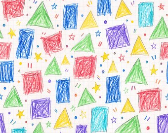 Crayon Shapes Seamless Pattern, Digital Paper PNG, Doodle Geometric Rainbow Star, Kids Fabric Print, Instant Download