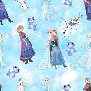 Könnte beinhalten: Ein sich wiederholendes Muster mit Figuren aus dem Animationsfilm "Die Eiskönigin". Das Design umfasst Illustrationen von Elsa, Anna, Olaf und Bruni dem Salamander, vor einem hellblauen, verschneiten Hintergrund. Die Worte "SAMPLE SALE SAMPLE" sind sichtbar.