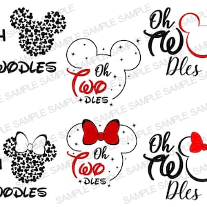 May include: Two black and white Mickey Mouse head silhouettes with the text "Oh Twodles" and "Oh Twodles" in black. The Mickey Mouse heads are filled with black hearts. The silhouettes are on a white background.