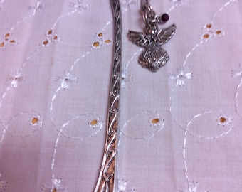 Antiqued Silvertone Metal Bookmark with Angel Charm and Red Rhinestone Accent. No maker's mark found.