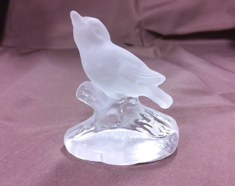 Frosted Sparrow Bird on Clear Glass Branch Paperweight. No maker's mark found. Pressed Glass.