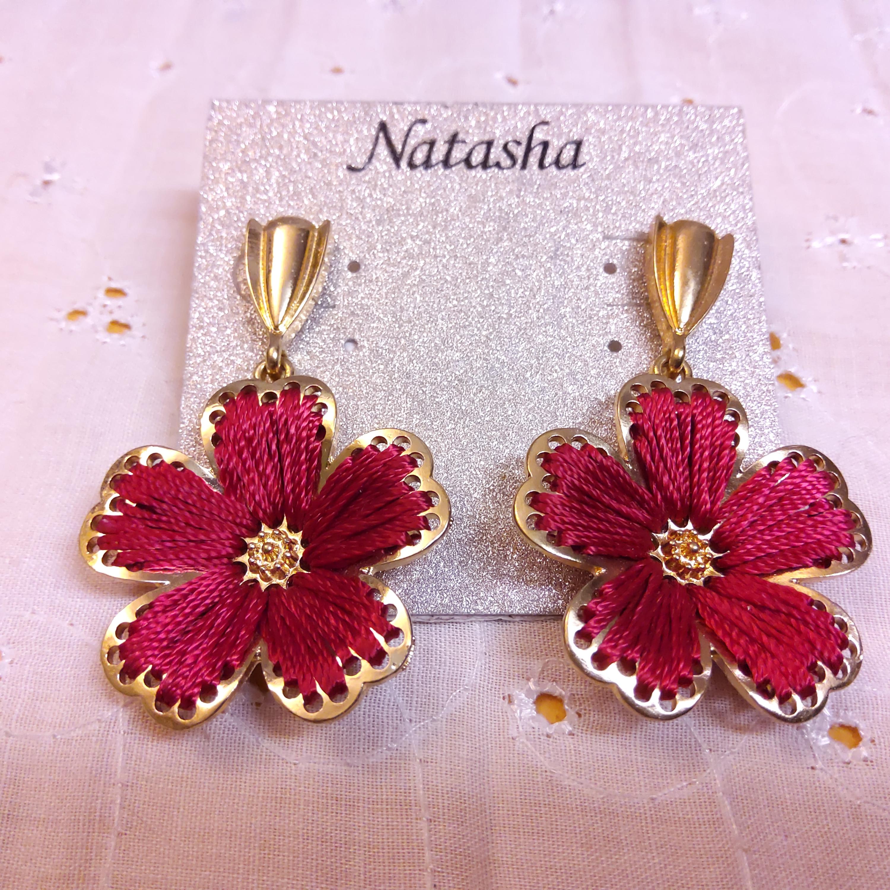 Natasha Couture Fushia Floral Statement Bracelet And Earrings NATASHA Goldtone Filigree and Rust Woven Thread Flower  main image 2