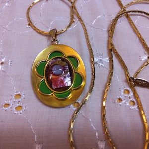 NAPIER Goldtone Chain Necklace with a Oval Goldtone Metal Pendant with a Colorful Abstract Design. Maker's mark present.