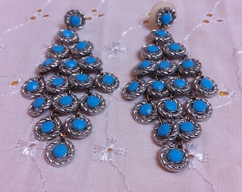 Beautiful Faux Turquoise and Silvertone Chandelier Post Earrings. No maker's mark found.