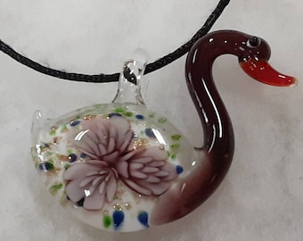 Beautiful Fused Deep Purple Glass Swan Pendant on a Black Cord  Necklace. No maker&#39;s mark found.