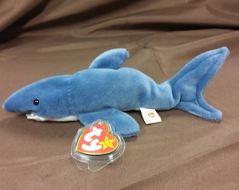 TY Beanie Baby "Crunch" the Shark. New, never played with. Stored in a smoke free home. All tags in place. Vintage dated 1996 -PVC Pellets.
