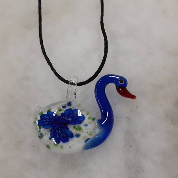 Fused Glass Swan Pendant on a Black Cord  Necklace.  2 Colors available. First order,  first choice of color.