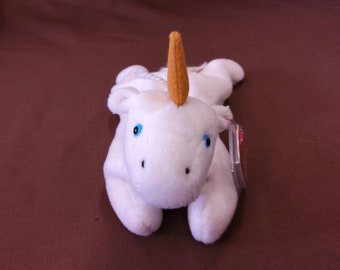 TY Beanie Baby "Mystic" the Unicorn - Yellow Horn and White Yarn Mane & Tail. NEW. All tags in place. Stored smoke free. Vintage - 1993.
