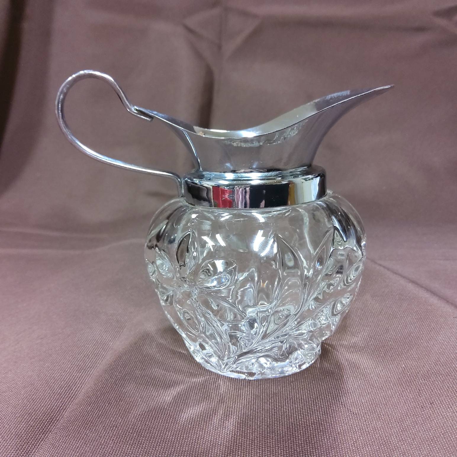 Small Cut Glass Pitcher With Silvertone Spout and Handle. No