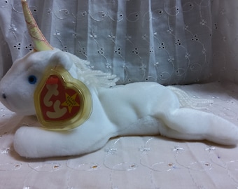 TY Beanie Baby "Mystic" the Unicorn - Iridescent Horn & White Yarn Mane andTail. NEW. Stored smoke free. All tags in place. Dated 1993.