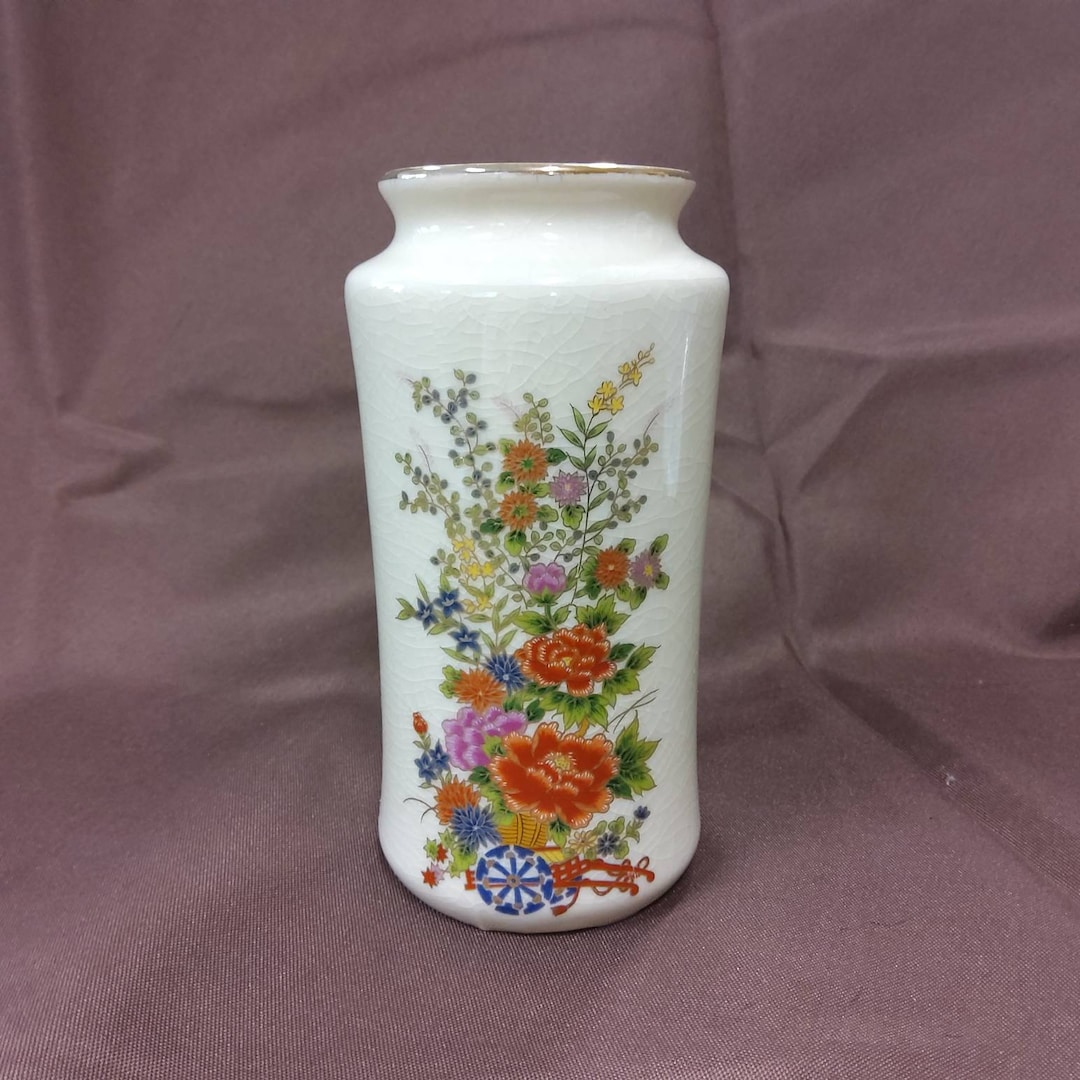 Vintage Japanese Floral Porcelain Crackle Glass Cylinder Vase With