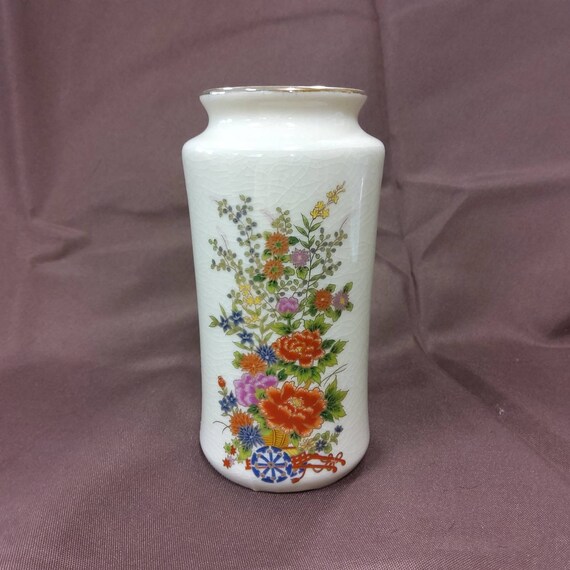 Vintage Japanese Floral Porcelain Crackle Glass Cylinder Vase With