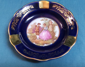 Limoges France Cobalt Blue and Gold Ashtray/Plate with Fraganard Courting Couple. Signed. Vintage. Used.