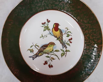 May include: A white ceramic plate with a green and gold rim. The center of the plate features a painted design of two birds perched on a branch with red berries.