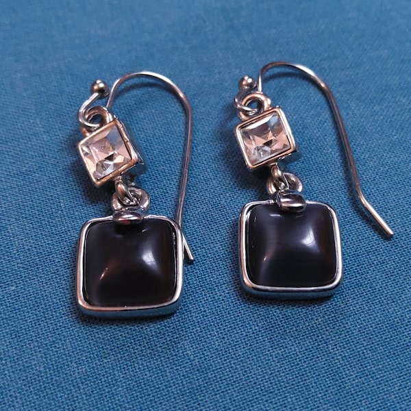 Lia Sophia Crystal and Cats Eye Silvertone French Hook Pierced Earrings. Maker's mark present.