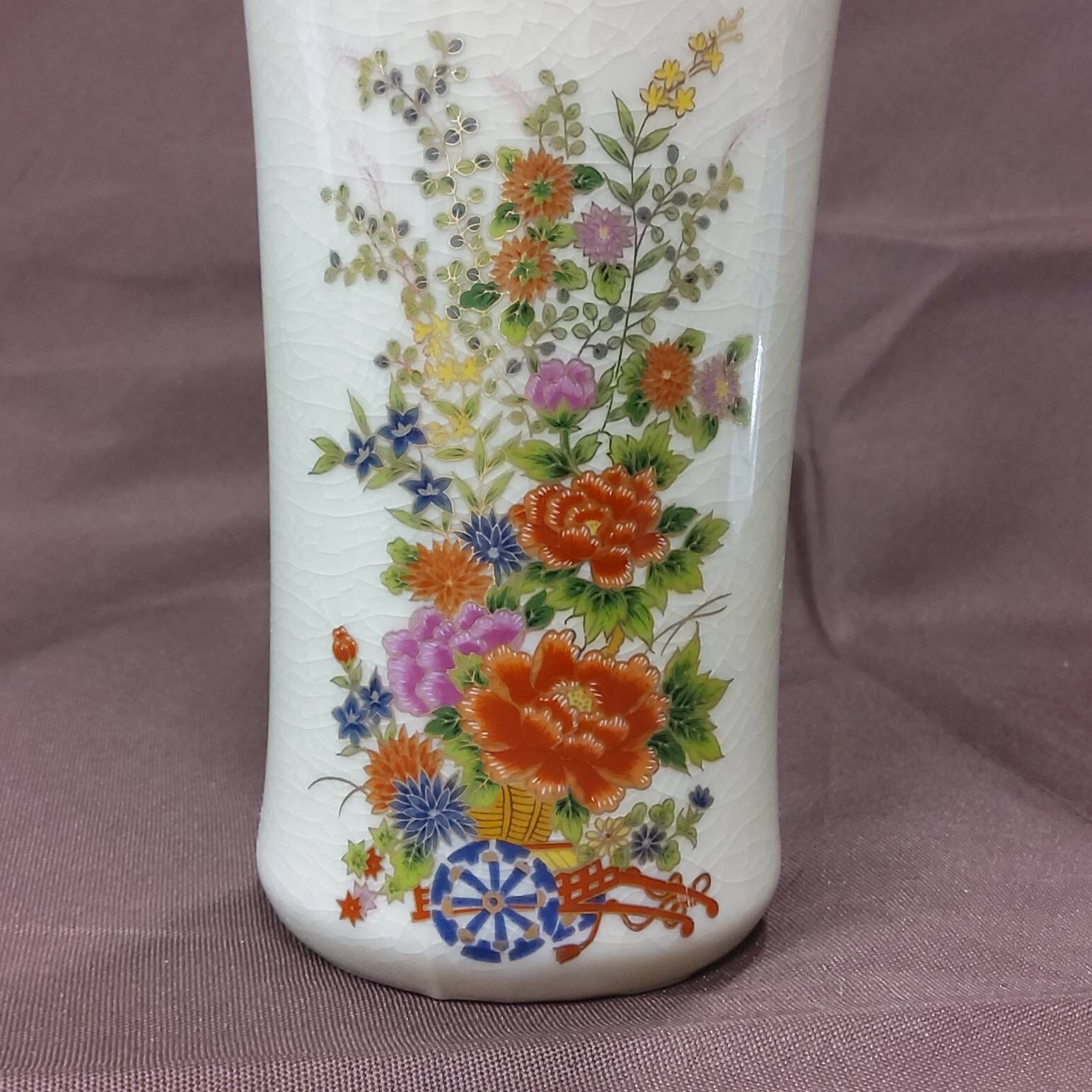 ●JAPANESE MODERN VINTAGE FLOWER VASE● Vintage Japanese Floral Porcelain Crackle Glass Cylinder Vase With
