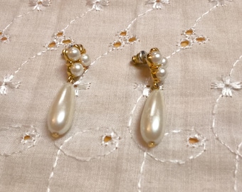 Faux Pearl and Goldtone Stud Pierced Earrings with a Faux Pearl Teardrop. No maker's mark found.