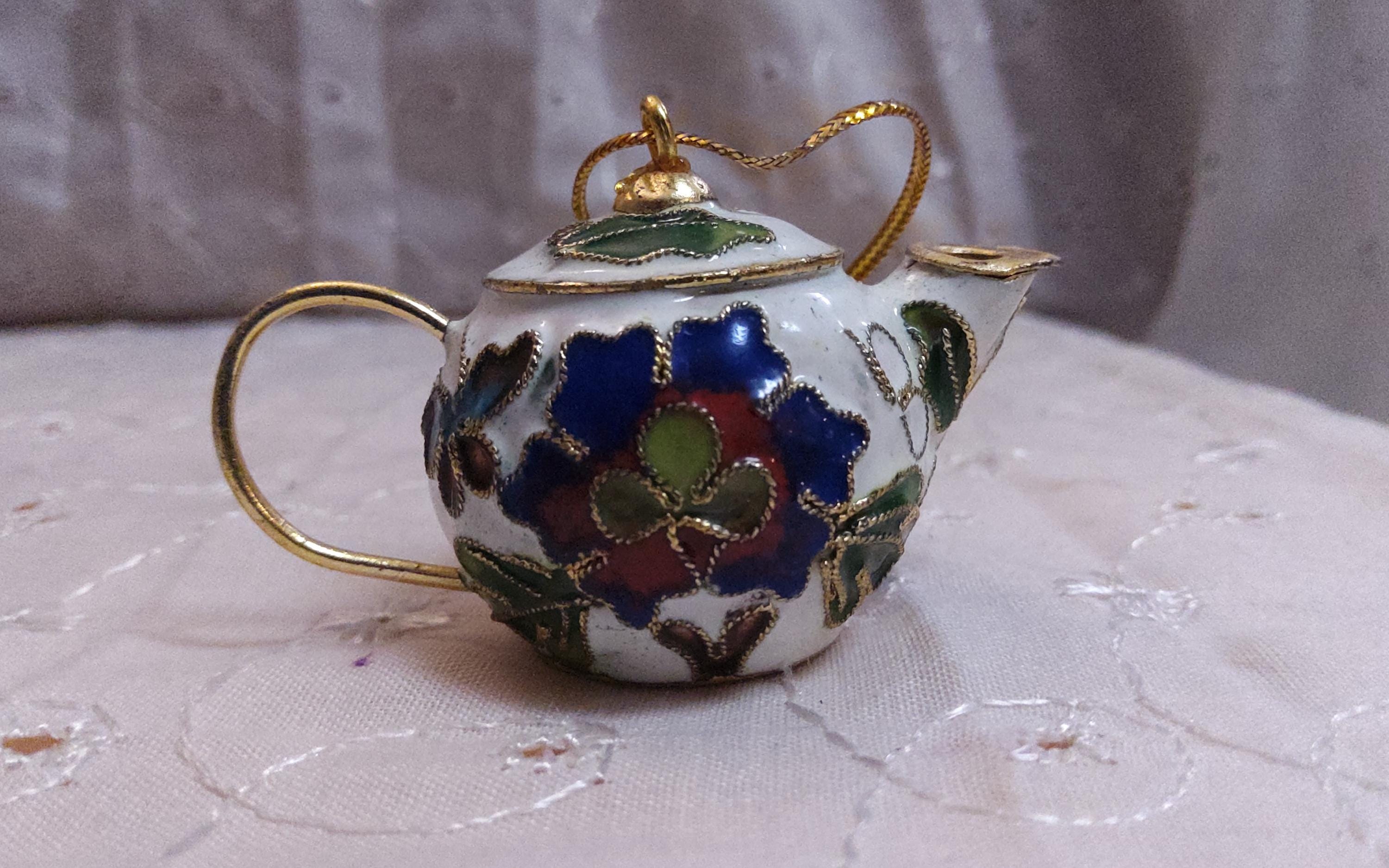 White CLOISONNE - SMALL Teapot Ornament enhanced with Colored Enamel Flowers and Leaves and Insects. NEW.