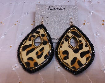 NATASHA Faux Animal Print and Black Dangle French Hook Pierced Earrings. NEW, comes on the Original Card.