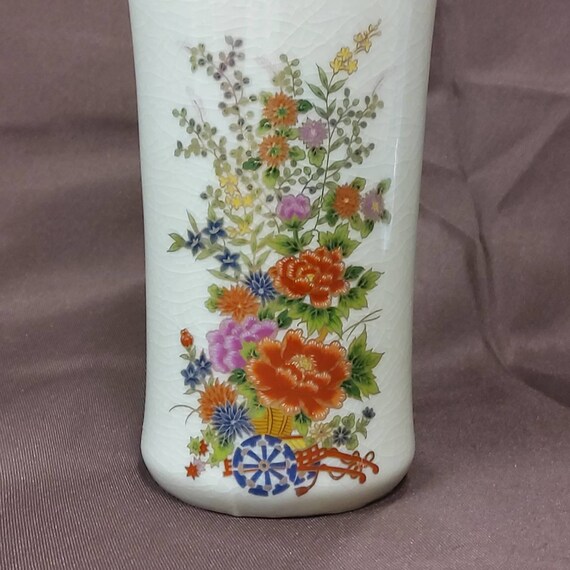 Vintage Japanese Floral Porcelain Crackle Glass Cylinder Vase With