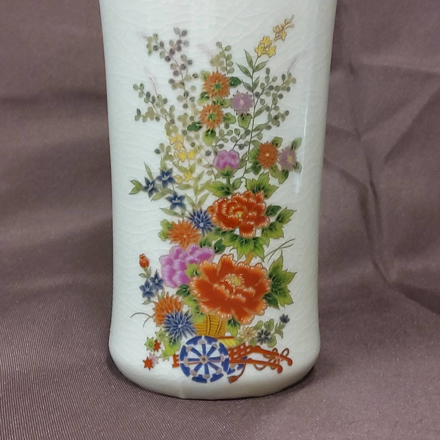 ●JAPANESE MODERN VINTAGE FLOWER VASE ● Vintage Japanese Floral Porcelain Crackle Glass Cylinder Vase With