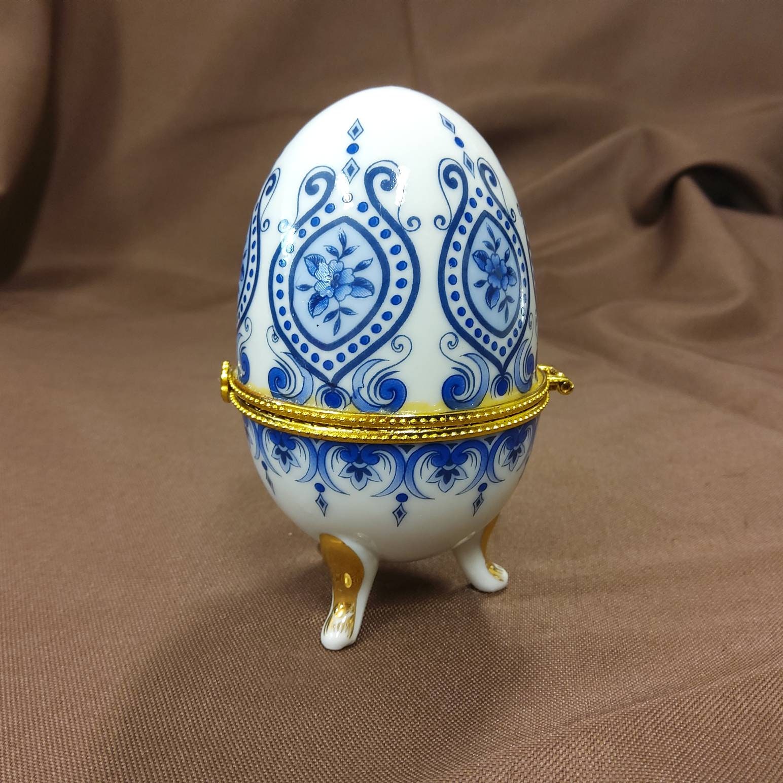 Blue and White Porcelain/Ceramic EGG Trinket Box with Hinged Etsy