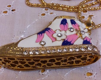 BETSEY JOHNSON Bedazzled "Pink and White Tennis Shoe" Pendant on a Goldtone Necklace enhanced with Colored Enamel and Rhinestones. NEW.
