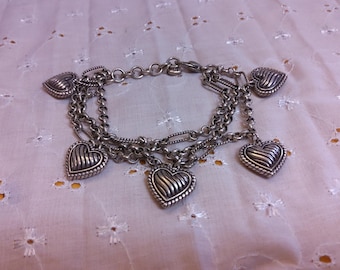BRIGHTON Silvertone Multistrand Heart Charm Bracelet. Maker's charm attached.