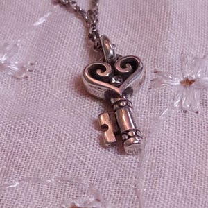 Op de afbeelding: Zilverkleurige sleutelhangerketting met een hartvormige bovenkant en een kleine edelsteen. De sleutel hangt aan een delicate ketting, tegen een lichtroze stof met geborduurde bloemendetails. Een romantisch sieraad.