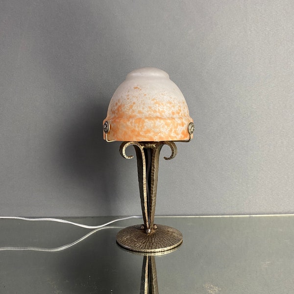 Daum Lorrain Nancy Art Deco Table Lamp Tischlampe Desk Light Pate de Verre Wrought Iron