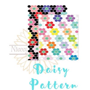 May include: A colorful bead pattern for a bracelet or keychain featuring a daisy design. The pattern is made up of small, round beads in various colors, including red, yellow, blue, green, and pink. The beads are arranged in a repeating pattern to create a daisy shape. The pattern is labeled "Daisy Pattern".
