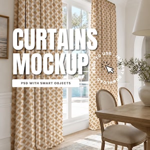 May include: Curtains with a beige and white geometric pattern in a bright room. The curtains are draped in front of a window. The text "CURTAINS MOCKUP" is visible. The image suggests a home decor theme.