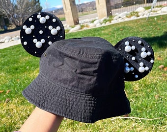 Pearl Mickey Bucket Hat, Pearl Mickey Hat, Mouse Ear Hat, Black Bucket hat, Mickey Hat, Mickey Ear, Canvas Bucket Hat, Disney Bucket Hat