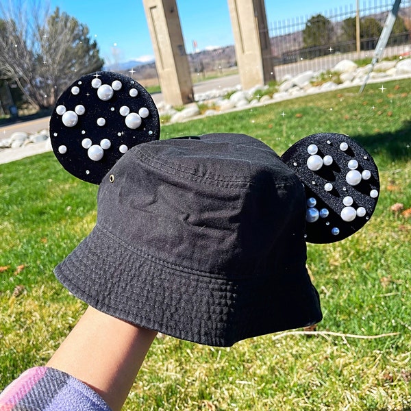 Pearl Mickey Bucket Hat, Pearl Mickey Hat, Mouse Ear Hat, Black Bucket hat, Mickey Hat, Mickey Ear, Canvas Bucket Hat, Disney Bucket Hat