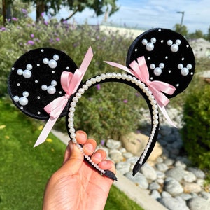 Perłowe uszy Myszki Minnie, różowe kokardki na uszach Myszki Minnie, perłowe uszy Myszki Miki, czarne aksamitne uszy Myszki Minnie, opaska na głowę z uszami Myszki Miki, kokardki na uszach Disneya, czarne uszy Myszki Miki
