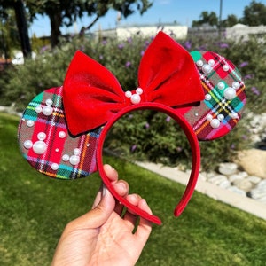 Christmas Plaid Minnie Ear, Plaid Minnie Mouse Ears, Christmas Disney Ear, Pearl Minnie Mouse Ears, Mickey Ears Christmas, Mouse Headband
