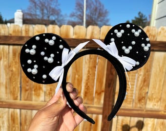 Orejas de Minnie con perlas, Orejas de Mickey Mouse coquetas y adorables, Orejas de Minnie, Orejas de Mickey, Orejas de Disney con perlas, Orejas de ratón de terciopelo, Orejas de Minnie elegantes